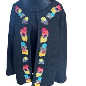 Sara‎ Isabella Women’s Black Wool Open Front Jacket Size XL Colorful Embroidery